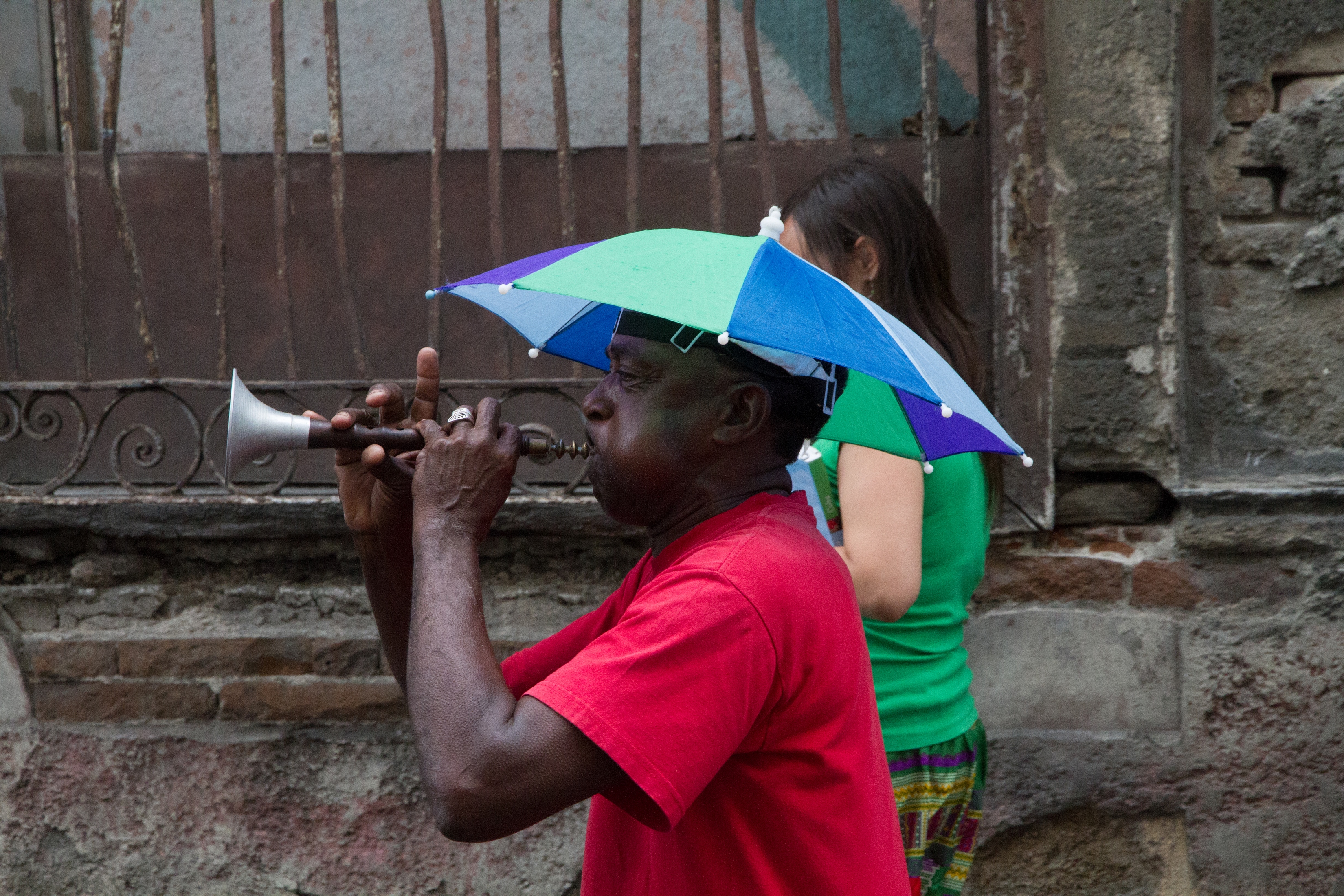 Frontman with trompeta china of the Conga de Tivoli in Santiago de Cuba